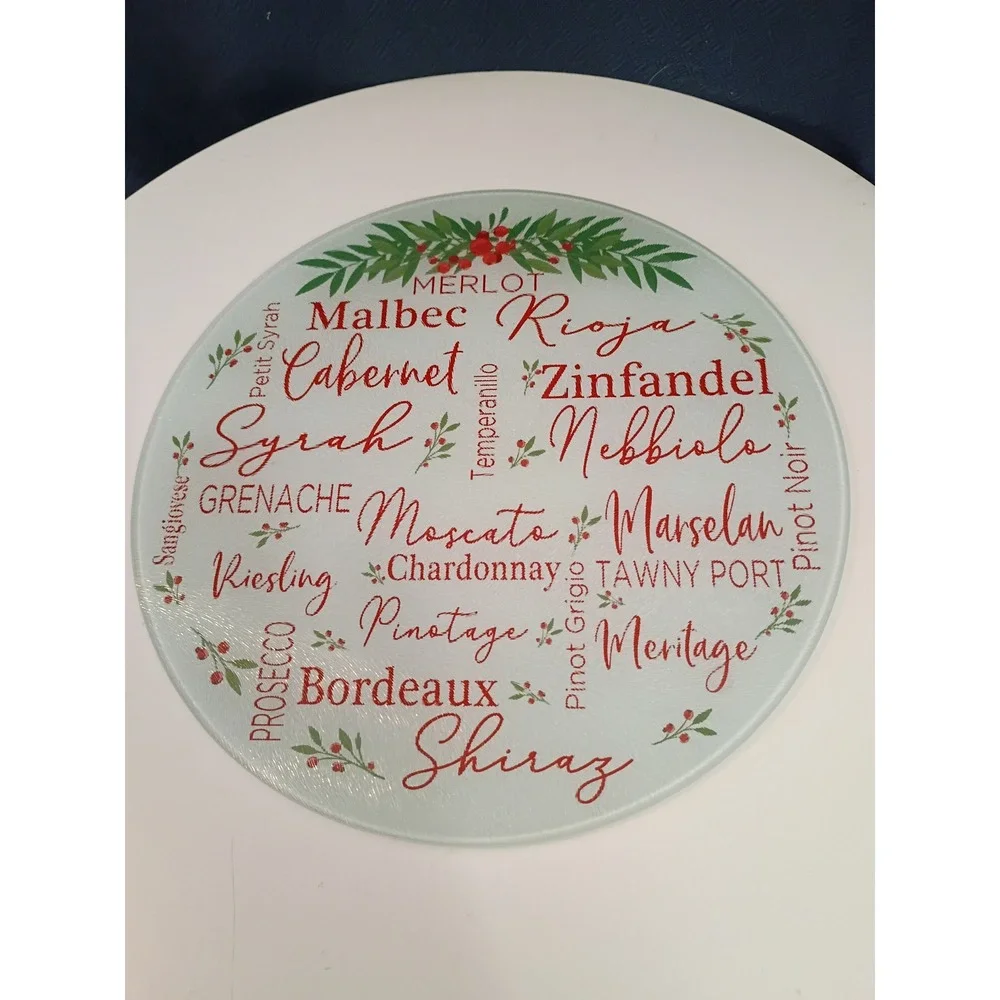 Merry Family Personalized Round Glass Cutting Board Wine Varietals 12 Inch